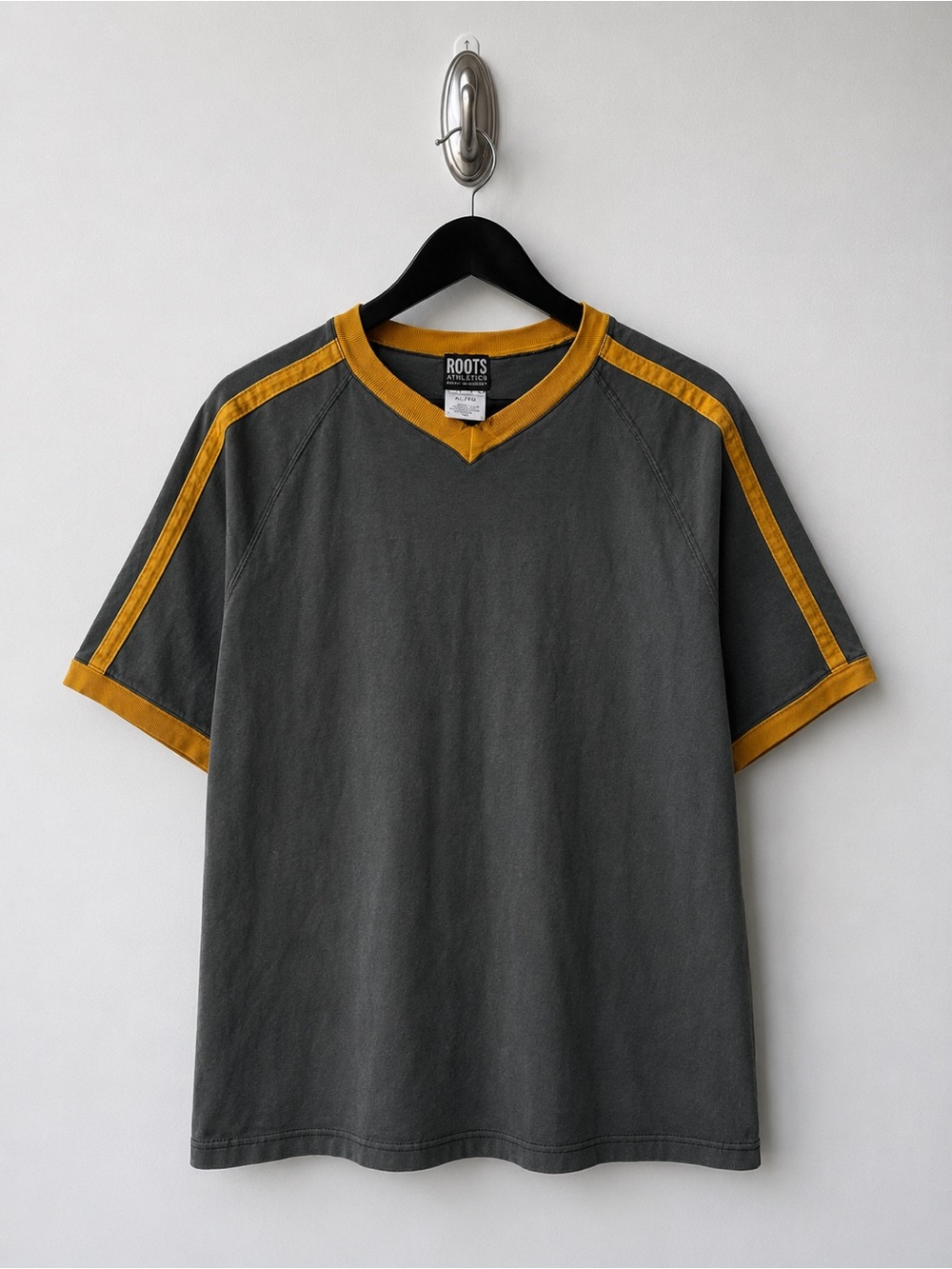 Roots Men's Short Sleeve V-Neck Shirt in Olive with Mustard Trim